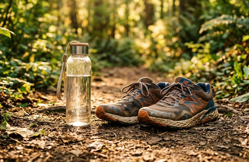 Zapatillas de correr junto a una botella de agua en un sendero natural al amanecer