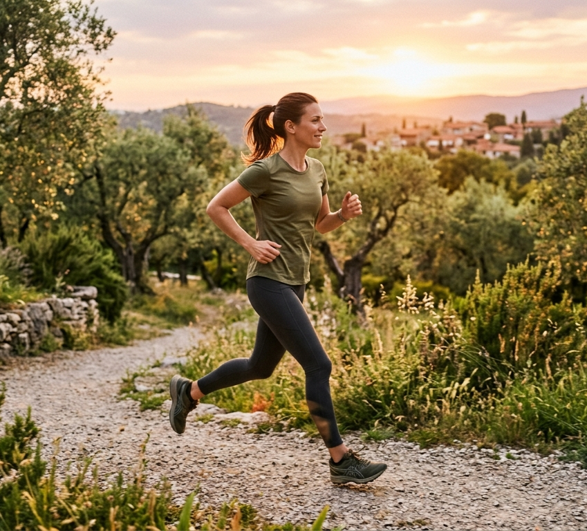 Persona corriendo por un parque verde con luz suave de atardecer